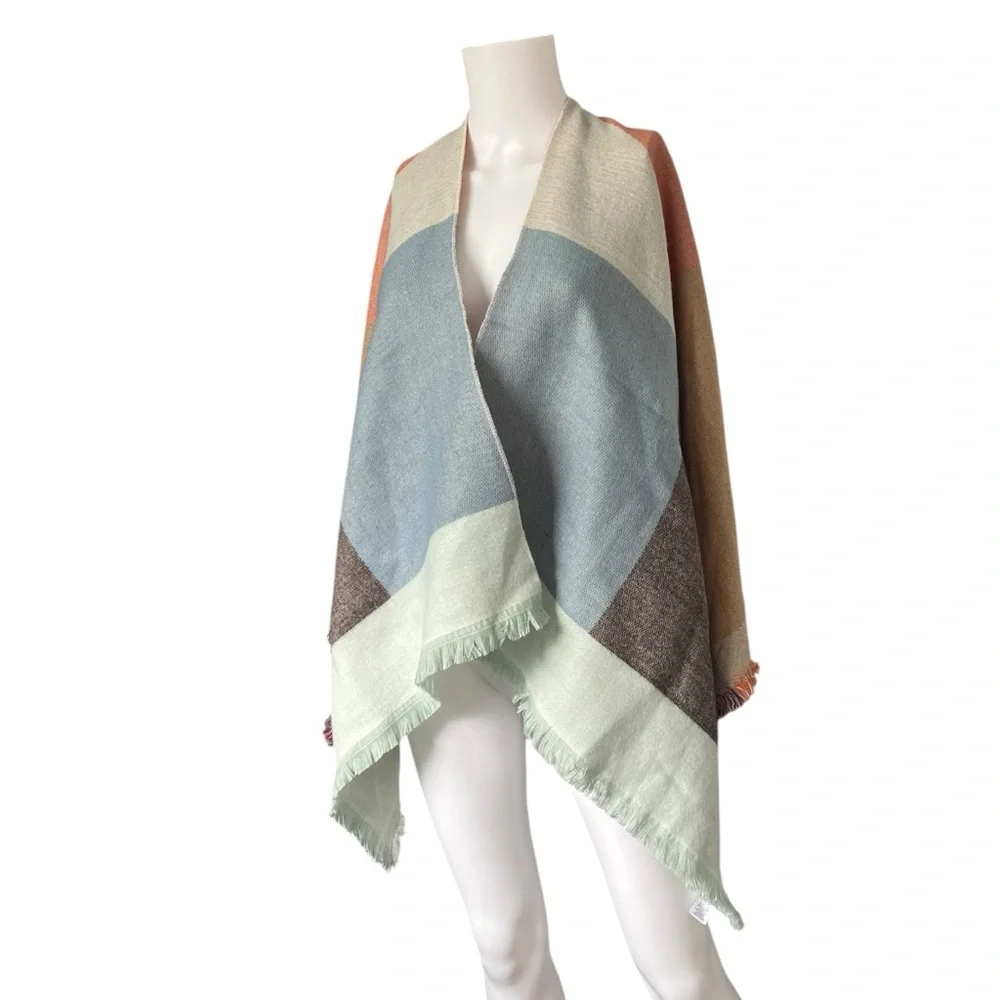 NEW 14th & Union Ruana Wrap Blue Orange Colorblock Knit Fringe Fall
